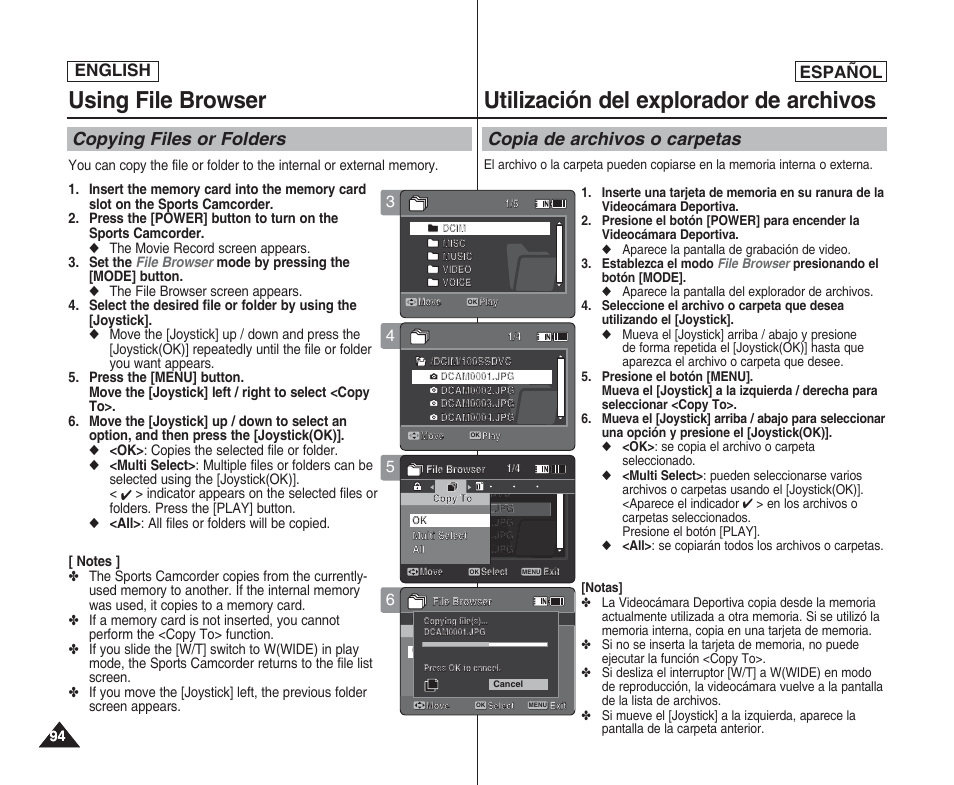 Using file browser, Utilización del explorador de archivos, Copying files or folders | Copia de archivos o carpetas, English español | Samsung SC-X205L User Manual | Page 94 / 144