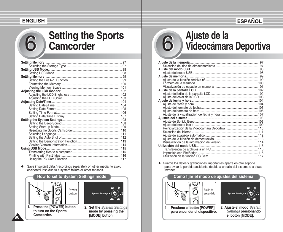 Ajuste de la videocámara deportiva, Setting the sports camcorder | Samsung SC-X205L User Manual | Page 96 / 144