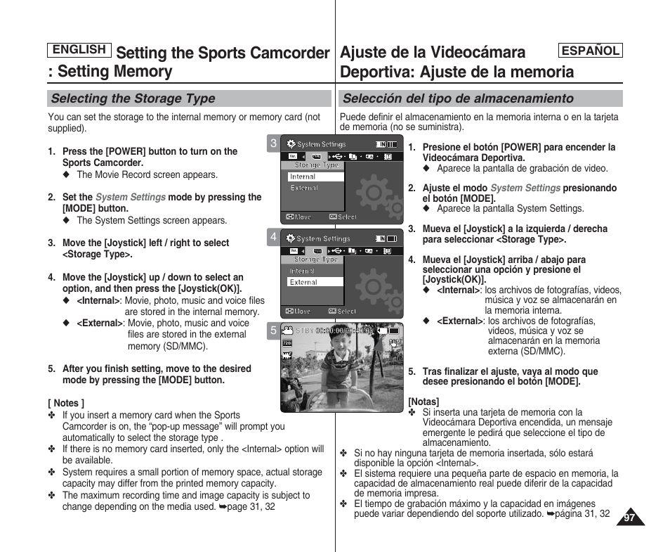 Selecting the storage type, Selección del tipo de almacenamiento, English español | Samsung SC-X205L User Manual | Page 97 / 144