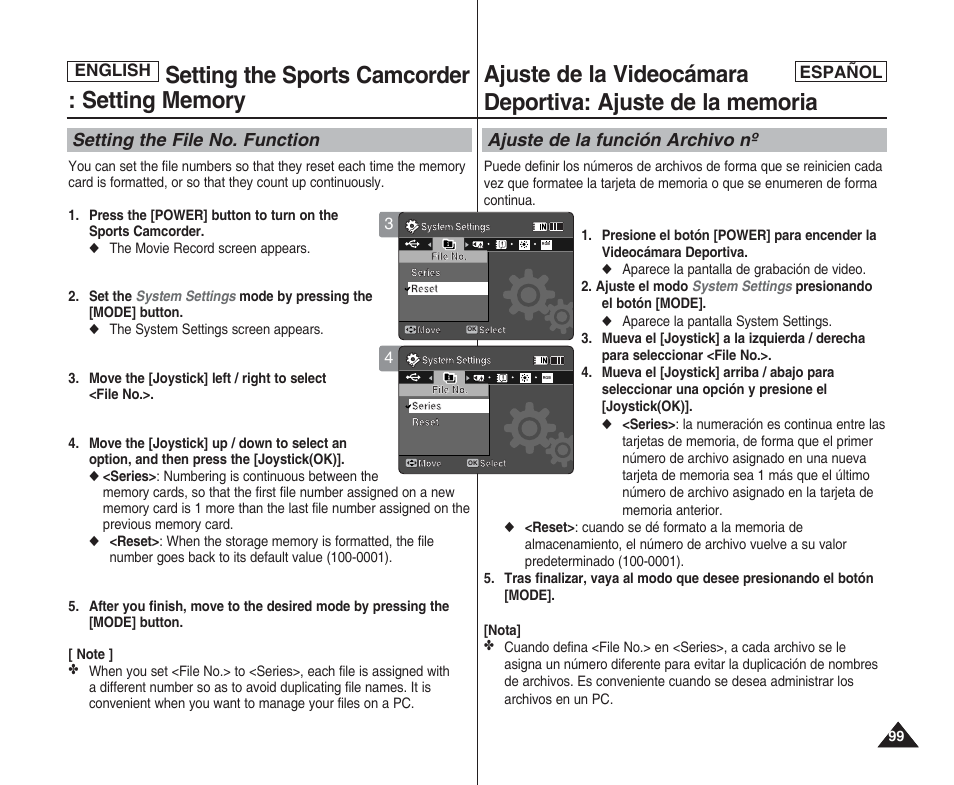 Setting the file no. function, Ajuste de la función archivo nº, English español | Samsung SC-X205L User Manual | Page 99 / 144