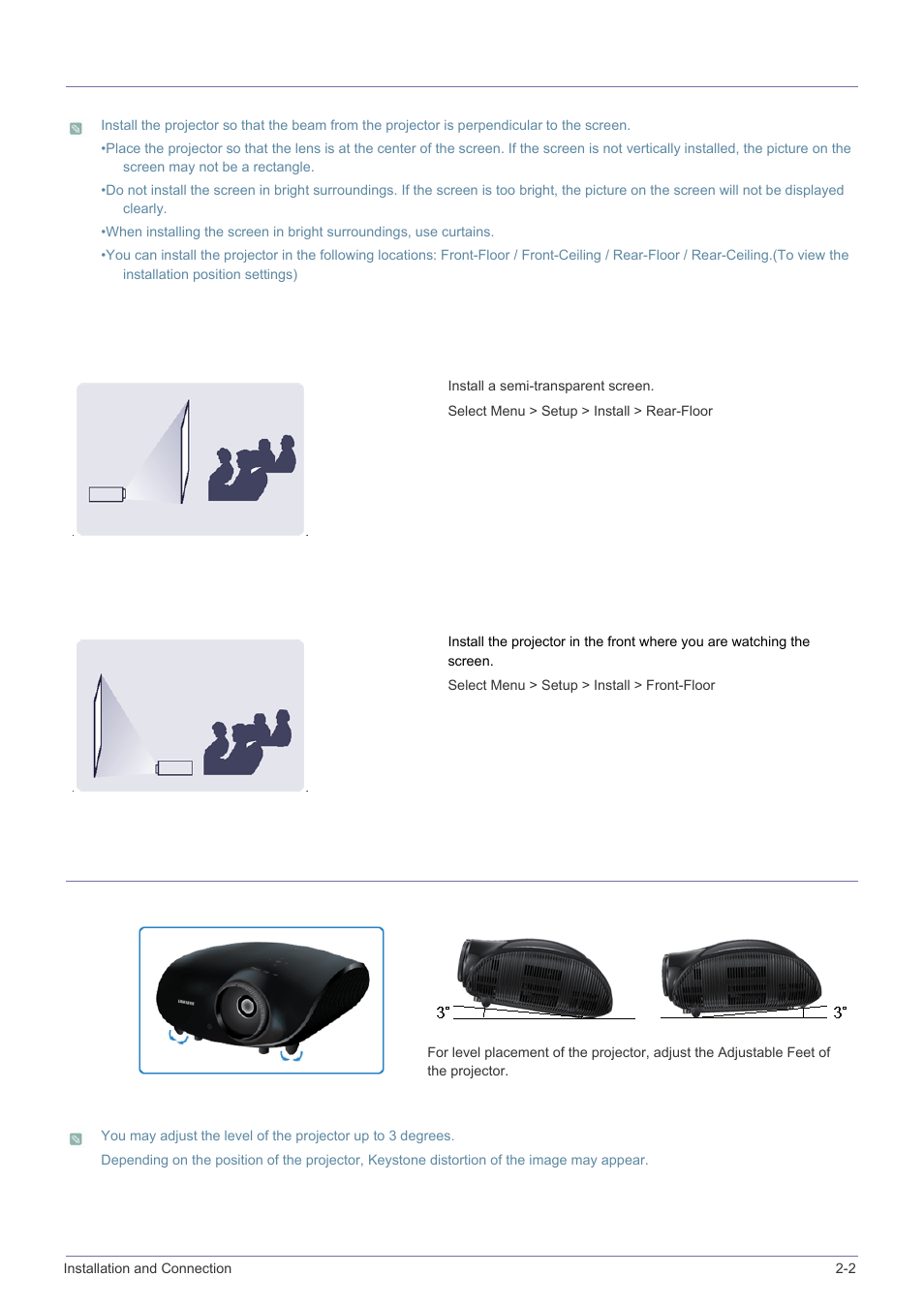 2 installing the projector, 3 leveling with adjustable feet, Installing the projector -2 | Leveling with adjustable feet -3 | Samsung SP-A600B User Manual | Page 11 / 43