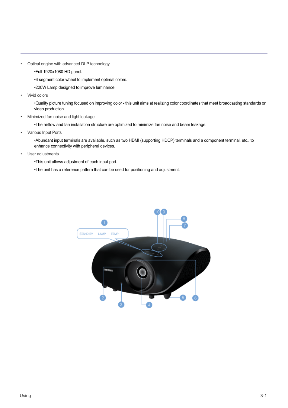 3 using, 1 product features, 2 front, upper | Using, Product features -1, Front, upper -2, 3using | Samsung SP-A600B User Manual | Page 21 / 43