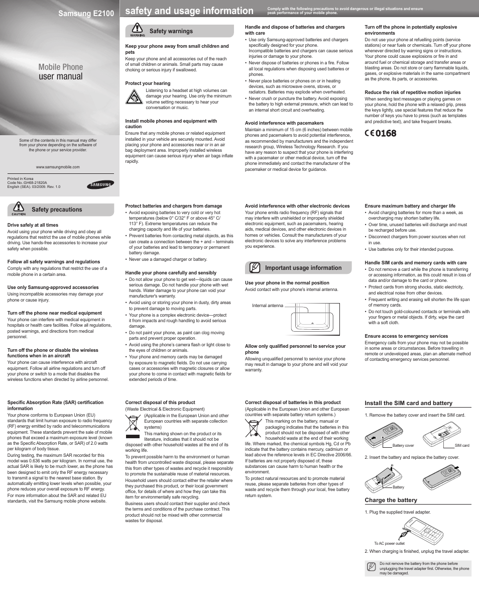 Samsung E2100 User Manual | 2 pages