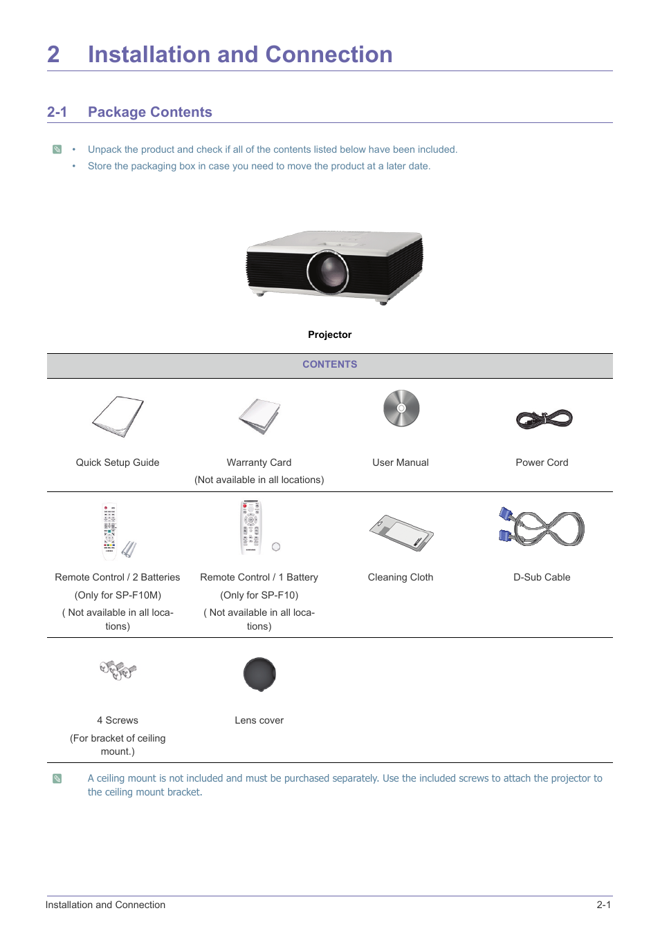 2 installation and connection, 1 package contents, Installation and connection | Package contents -1, 2installation and connection | Samsung SP-F10M User Manual | Page 11 / 92