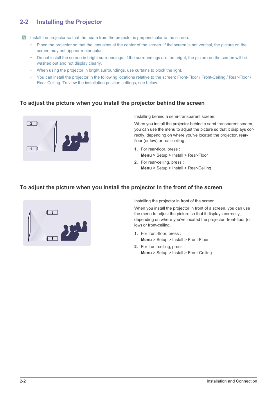 2 installing the projector, Installing the projector -2 | Samsung SP-F10M User Manual | Page 12 / 92