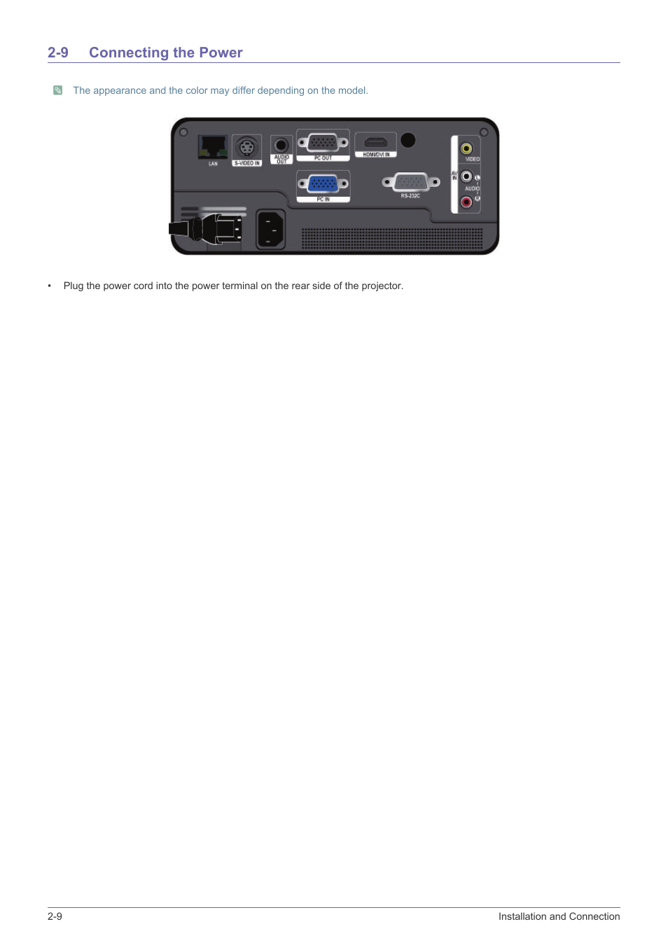 9 connecting the power, Connecting the power -9 | Samsung SP-F10M User Manual | Page 22 / 92