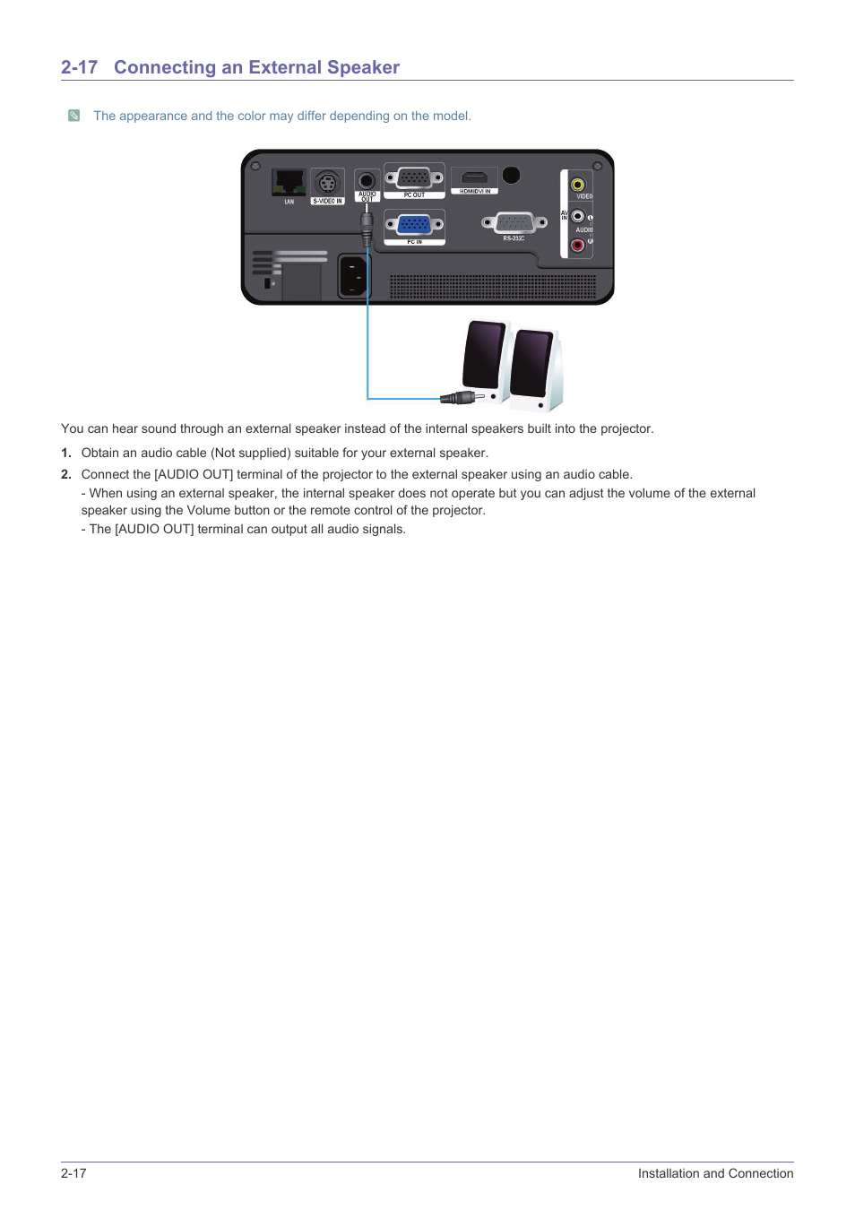 17 connecting an external speaker, Connecting an external speaker -17 | Samsung SP-F10M User Manual | Page 32 / 92