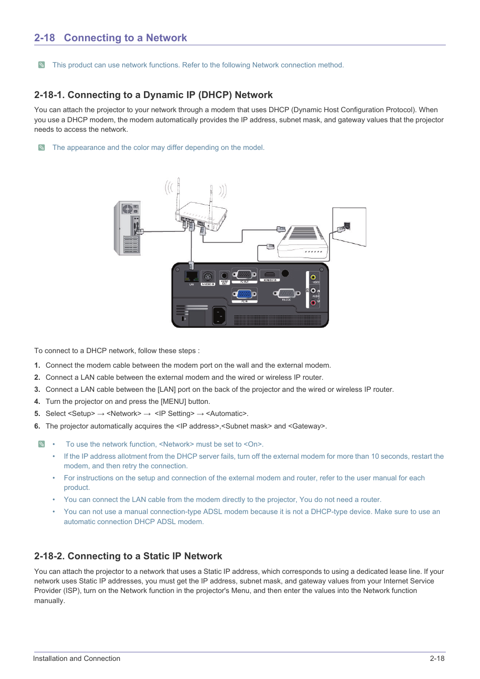 18 connecting to a network, Connecting to a network -18, 18-1. connecting to a dynamic ip (dhcp) network | 18-2. connecting to a static ip network | Samsung SP-F10M User Manual | Page 33 / 92
