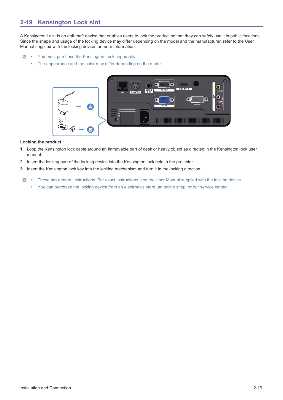 19 kensington lock slot, Kensington lock slot -19 | Samsung SP-F10M User Manual | Page 35 / 92