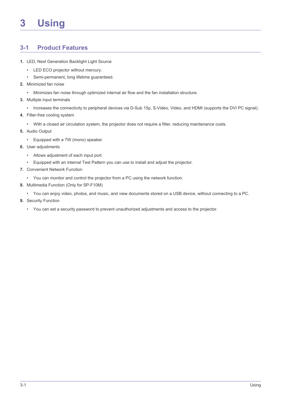 3 using, 1 product features, Using | Product features -1, 3using | Samsung SP-F10M User Manual | Page 36 / 92