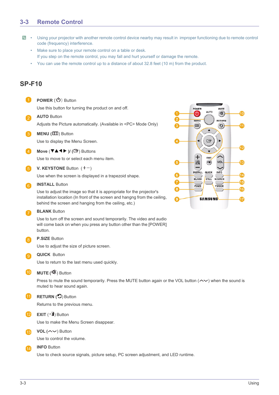 3 remote control, Remote control -3, Sp-f10 | Samsung SP-F10M User Manual | Page 38 / 92