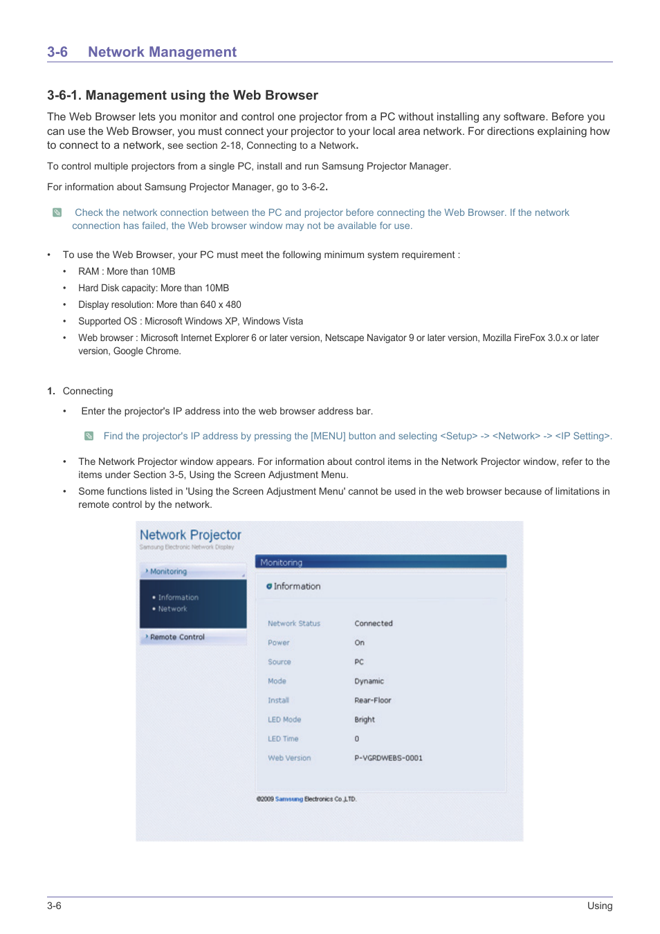 6 network management, Network management -6, 6-1. management using the web browser | Samsung SP-F10M User Manual | Page 50 / 92