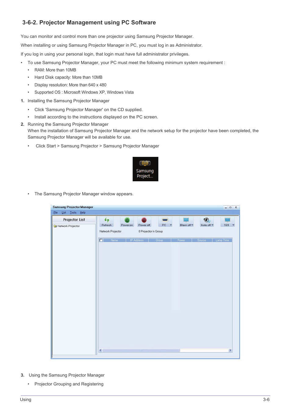 6-2. projector management using pc software | Samsung SP-F10M User Manual | Page 51 / 92