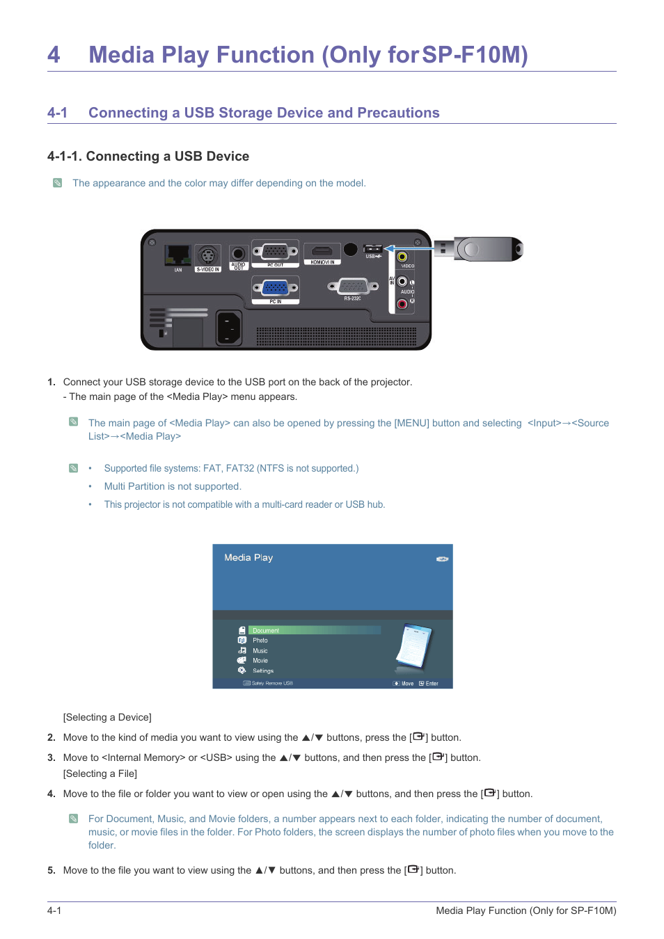 4 media play function (only for sp-f10m), 1 connecting a usb storage device and precautions, Media play function (only for sp-f10m) | Connecting a usb storage device and precautions -1, 4media play function (only for, Sp-f10m), 1-1. connecting a usb device | Samsung SP-F10M User Manual | Page 58 / 92