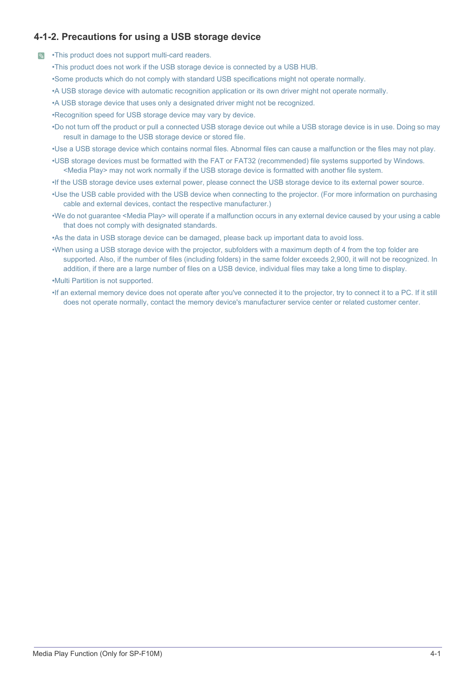 1-2. precautions for using a usb storage device | Samsung SP-F10M User Manual | Page 59 / 92