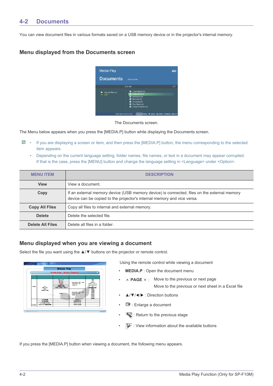 2 documents, Documents -2, Menu displayed from the documents screen | Menu displayed when you are viewing a document | Samsung SP-F10M User Manual | Page 60 / 92