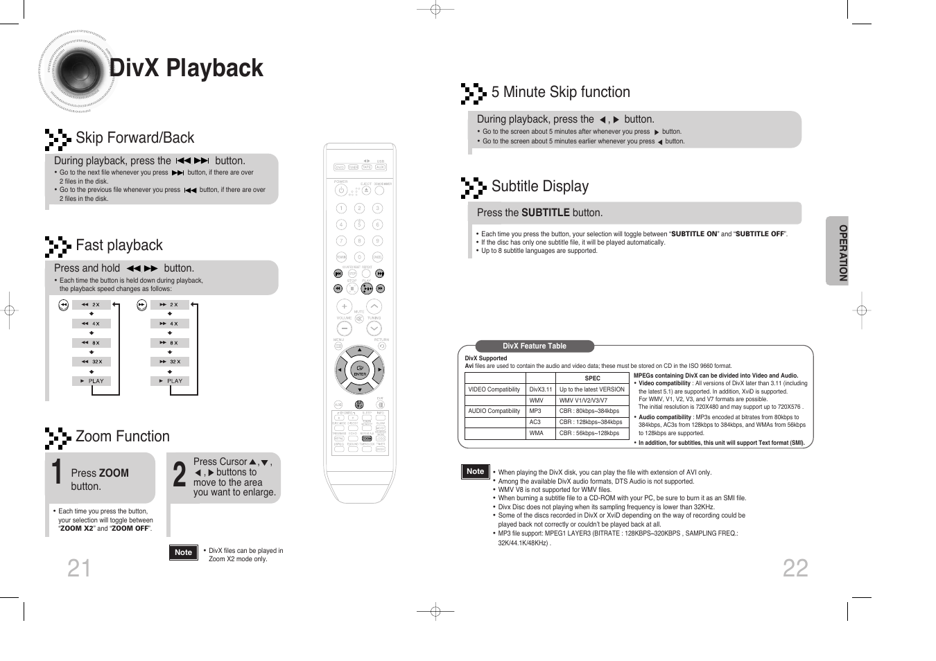 Divx playback, Fast playback, Skip forward/back | Zoom function, 5 minute skip function, Subtitle display | Samsung MAX-DX76 User Manual | Page 12 / 36