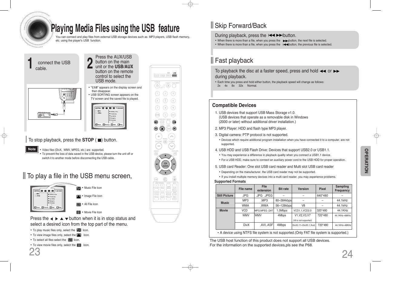 Playing media files using the usb feature, Fast playback skip forward/back | Samsung MAX-DX76 User Manual | Page 13 / 36