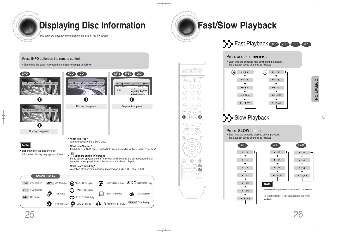 Displaying disc information, Fast/slow playback, 25 fast/slow playback | 26 displaying disc information, Fast playback, Slow playback | Samsung MAX-DX76 User Manual | Page 14 / 36