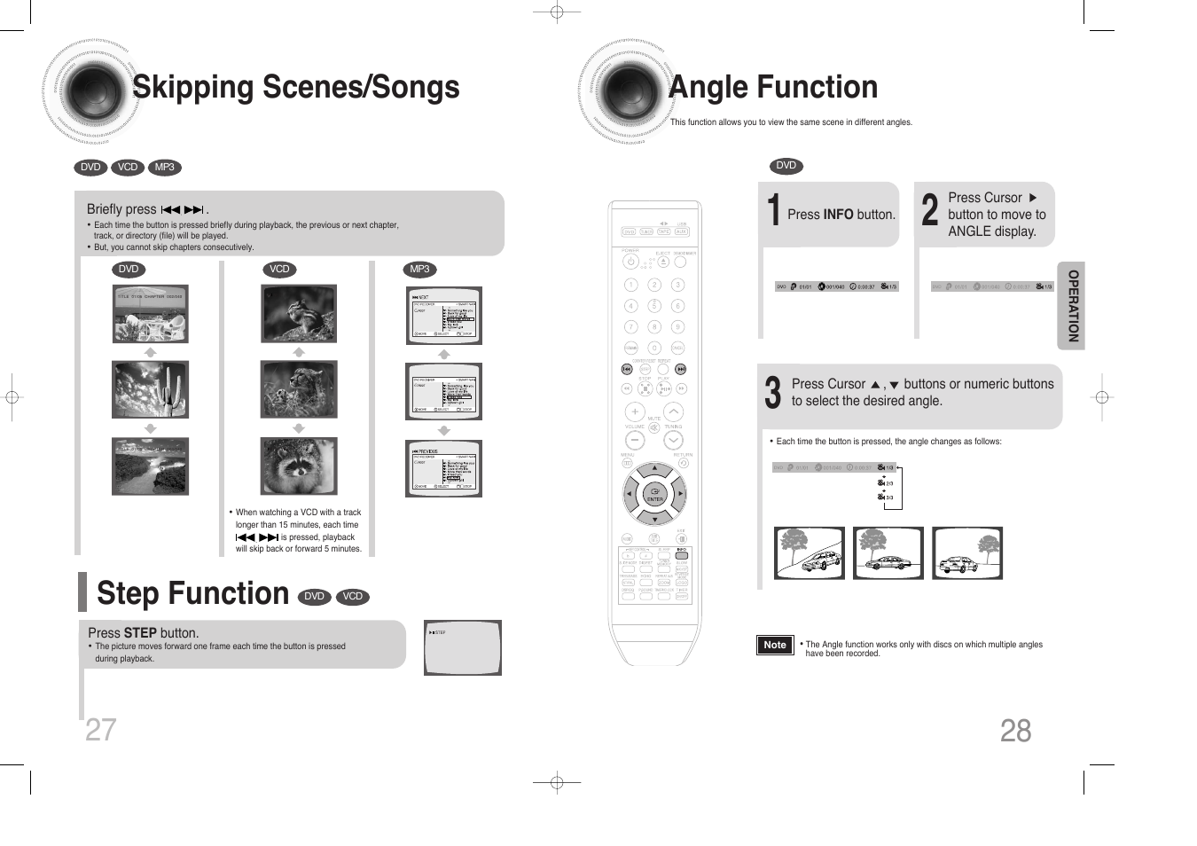 Skipping scenes/songs, Angle function, 27 angle function | Step function | Samsung MAX-DX76 User Manual | Page 15 / 36