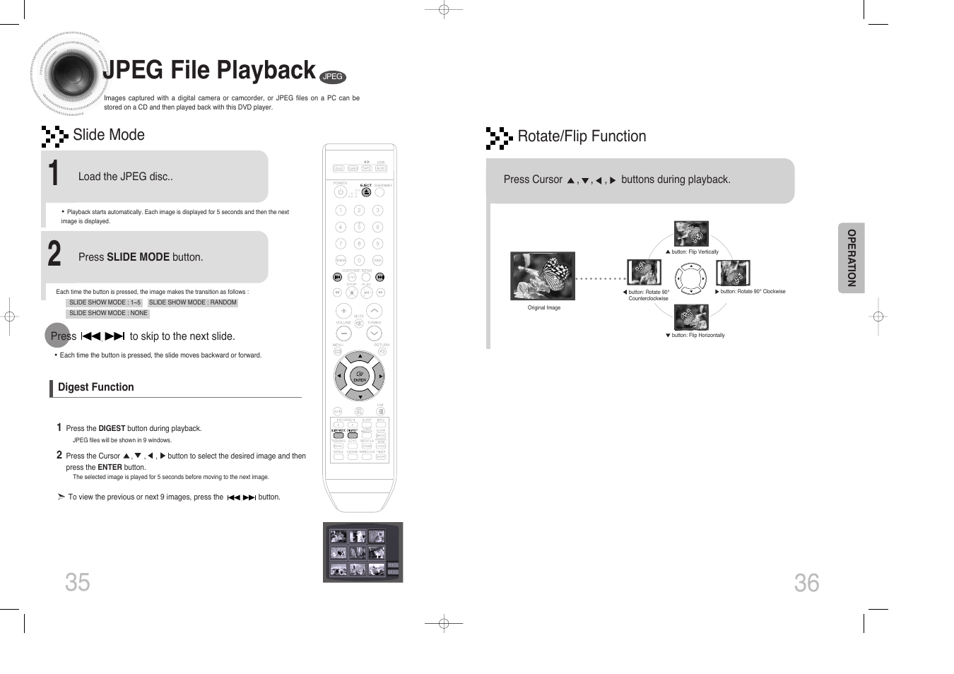 Jpeg file playback, Rotate/flip function, Slide mode | Samsung MAX-DX76 User Manual | Page 19 / 36