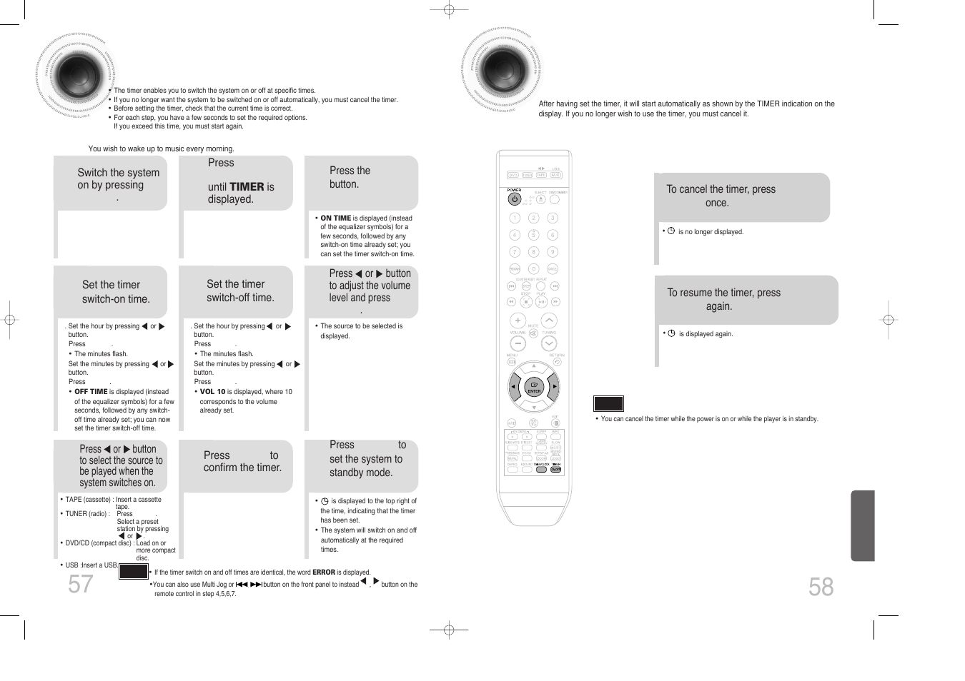 Timer function, Canceling the timer, 57 58 timer function | Samsung MAX-DX76 User Manual | Page 30 / 36