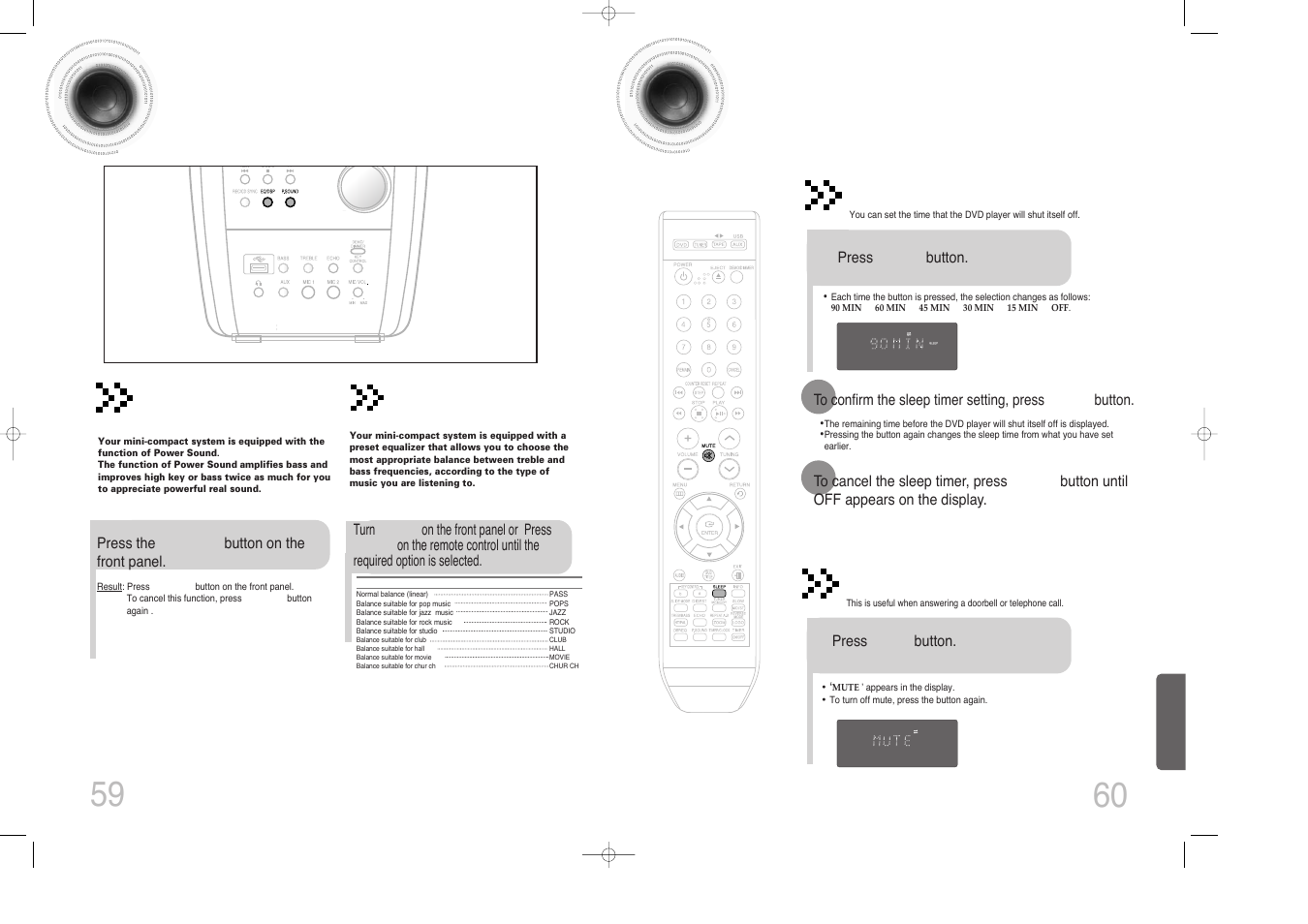 Power sound and sound field(dsp/eq) function, Sleep timer function / mute function, Sleep timer function | Mute function | Samsung MAX-DX76 User Manual | Page 31 / 36