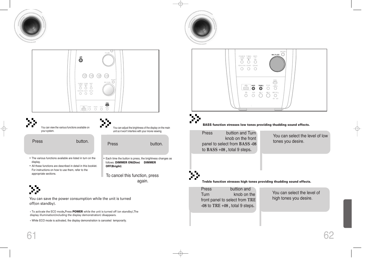 Demo function / dimmer function/ eco function, Bass/treble level function | Samsung MAX-DX76 User Manual | Page 32 / 36