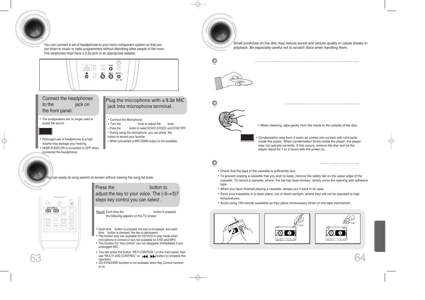 Connecting headphones/microphone(option), Key control, Cautions on handling and storing discs | Samsung MAX-DX76 User Manual | Page 33 / 36