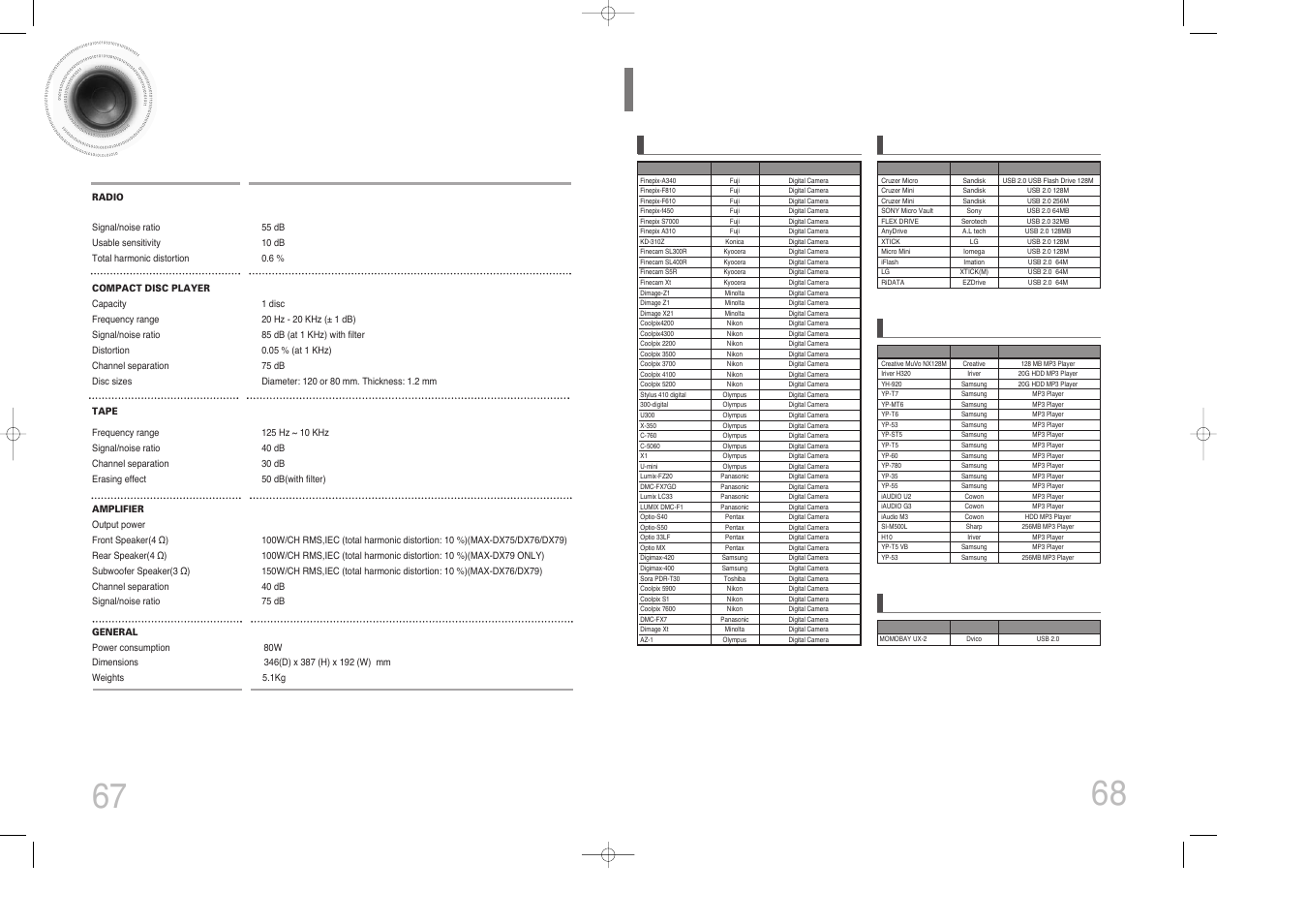 Specifications, Usb feature supported player, Specifications 67 usb feature supported player 68 | Samsung MAX-DX76 User Manual | Page 35 / 36