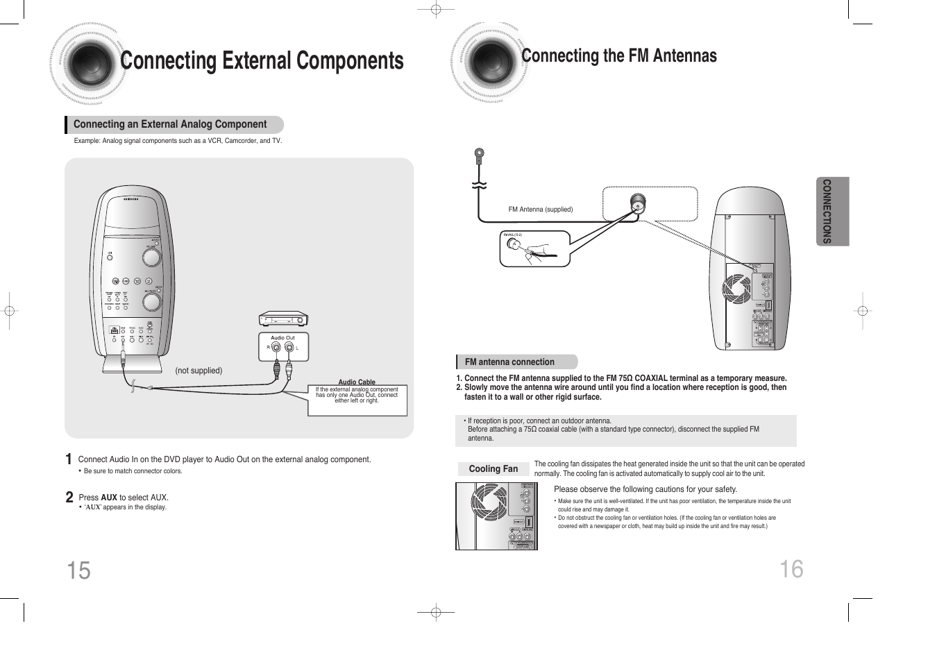 Connecting external components, Connecting the fm antennas, 16 15 connecting external components | Samsung MAX-DX76 User Manual | Page 9 / 36