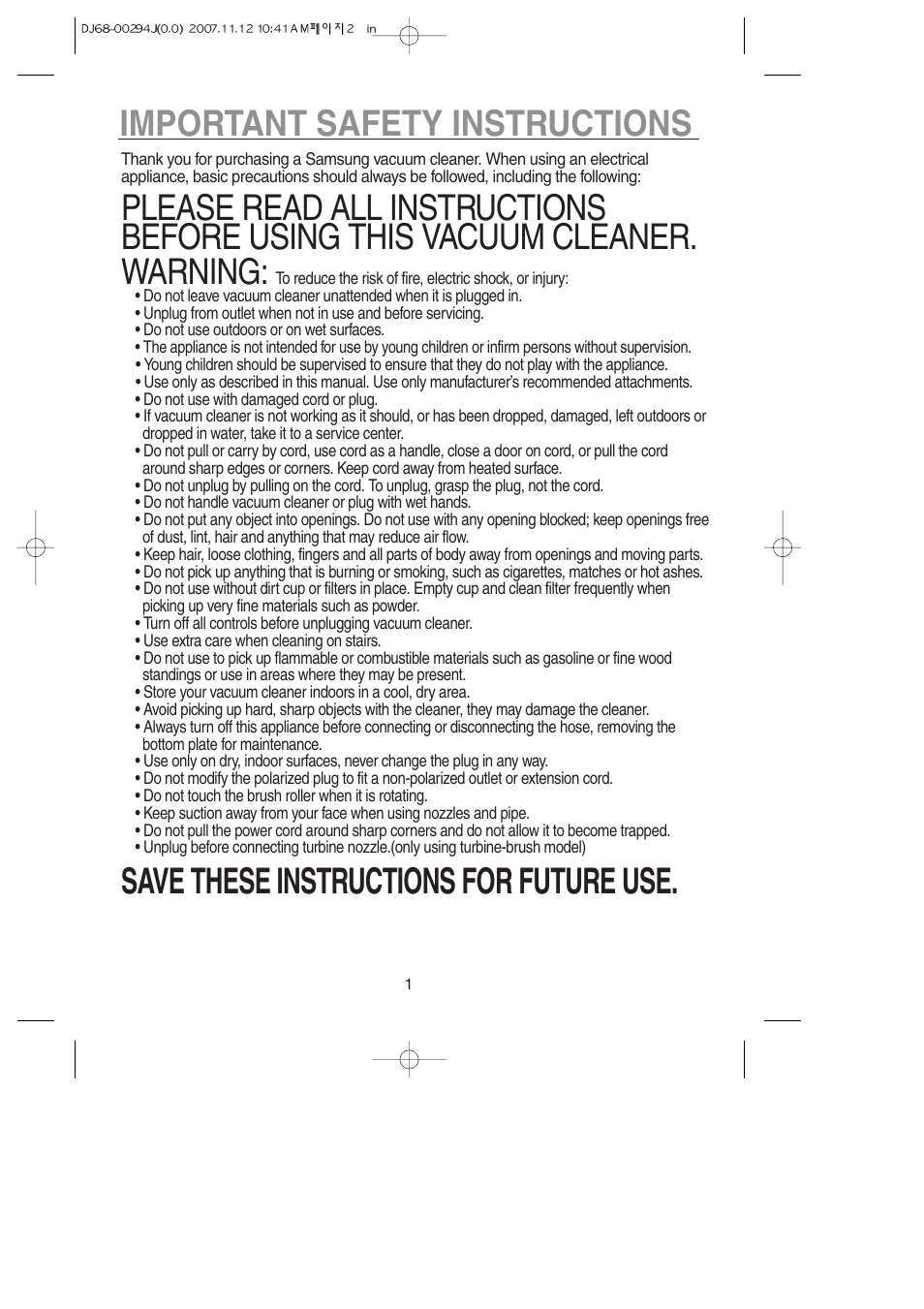 Important safety instructions, Save these instructions for future use | Samsung SU-2950 Series User Manual | Page 2 / 12