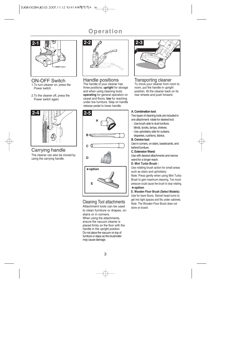 Operation, On-off switch, Handle positions | Transporting cleaner, Cleaning tool attachments | Samsung SU-2950 Series User Manual | Page 4 / 12