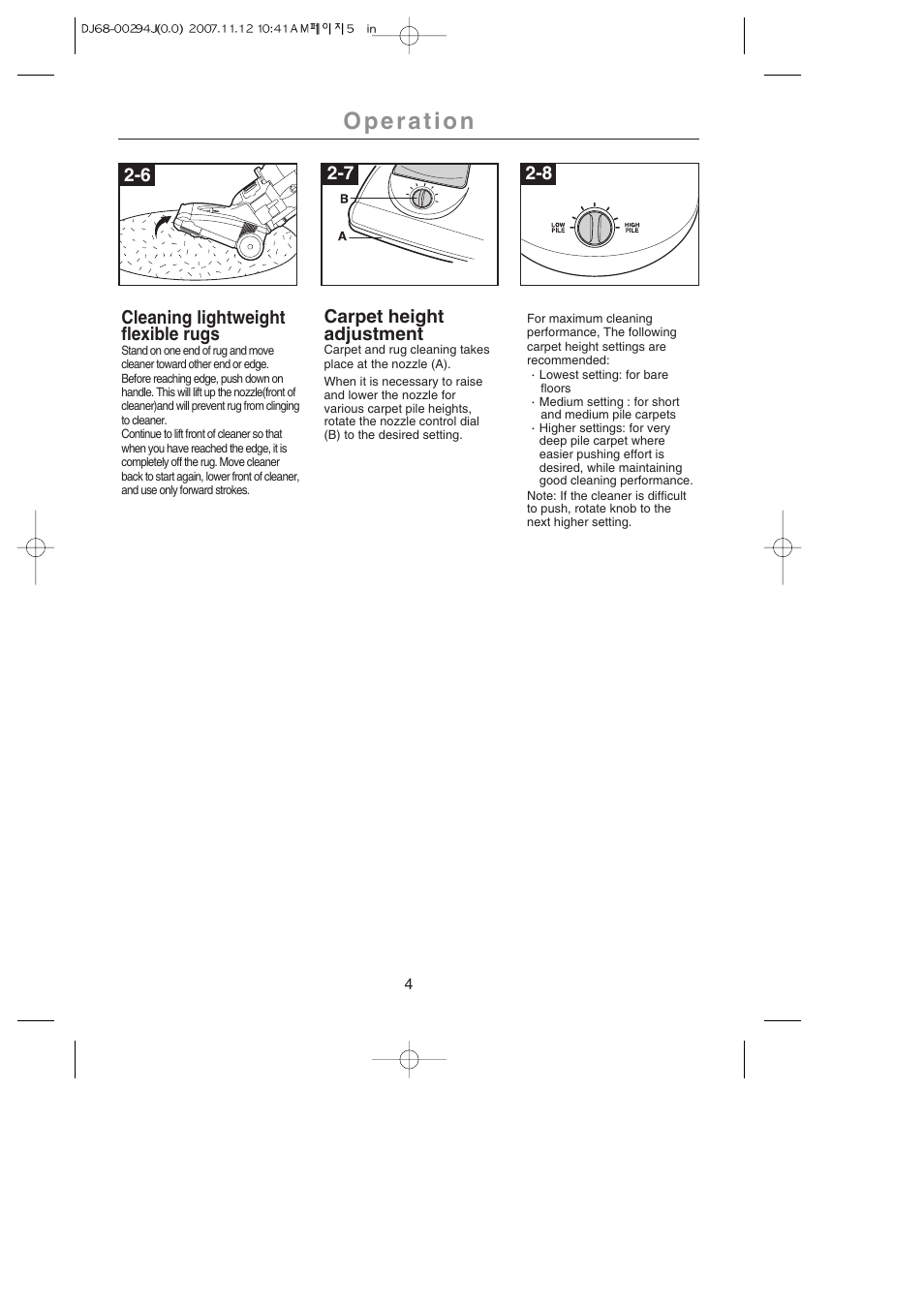 Carpet height adjustment, 7 2-8 cleaning lightweight flexible rugs | Samsung SU-2950 Series User Manual | Page 5 / 12
