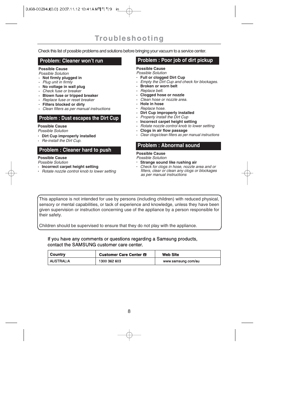 Troubleshoot ing, Troubleshooting, Problem: cleaner won’t run | Problem : poor job of dirt pickup, Problem : dust escapes the dirt cup, Problem : abnormal sound, Problem : cleaner hard to push | Samsung SU-2950 Series User Manual | Page 9 / 12