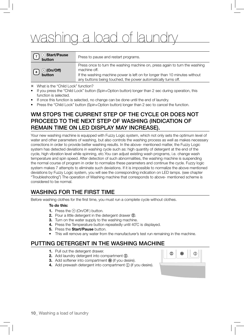 Washing for the first time, Putting detergent in the washing machine, Washing a load of laundry | Samsung WF-B1061 User Manual | Page 10 / 20