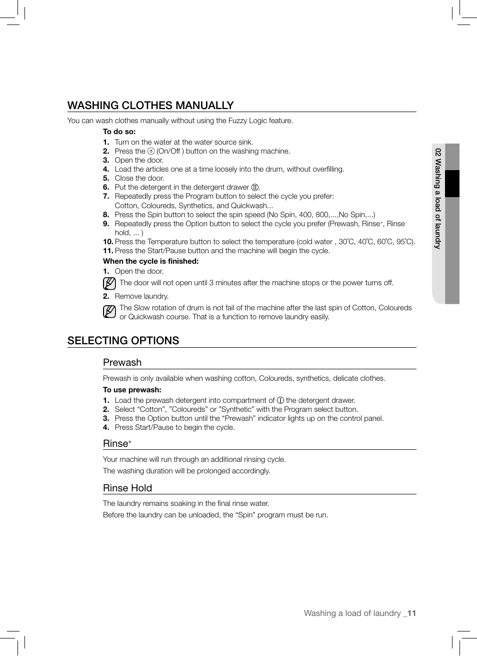 Washing clothes manually, Selecting options, 11 washing clothes manually 11 selecting options | Prewash, Rinse, Rinse hold | Samsung WF-B1061 User Manual | Page 11 / 20