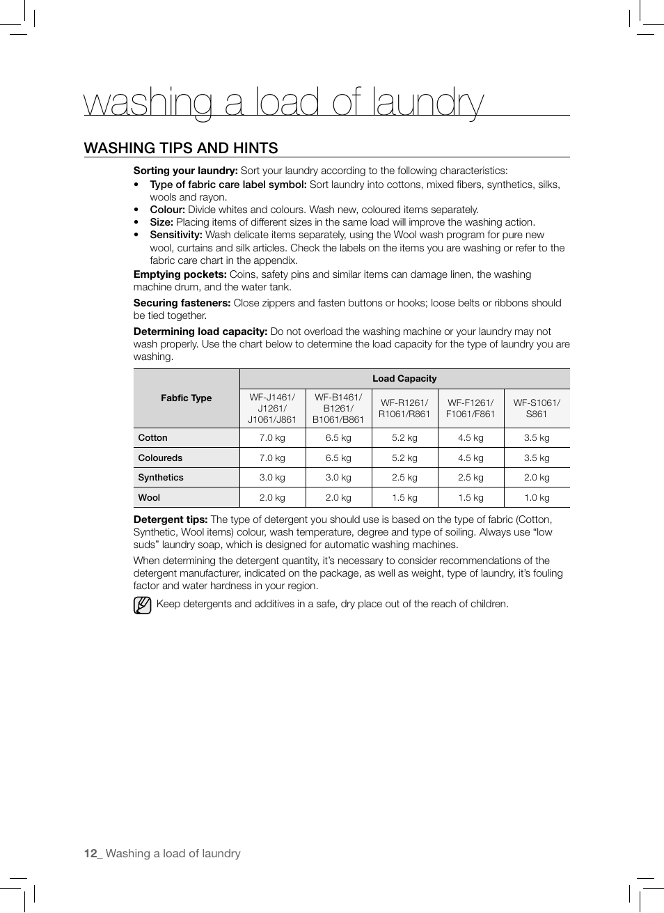 Washing tips and hints, 12 washing tips and hints, Washing a load of laundry | Samsung WF-B1061 User Manual | Page 12 / 20