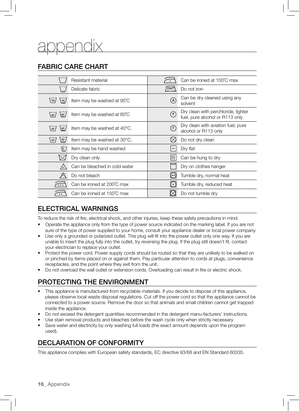 Appendix, Fabric care chart, Electrical warnings | Protecting the environment, Declaration of conformity | Samsung WF-B1061 User Manual | Page 16 / 20