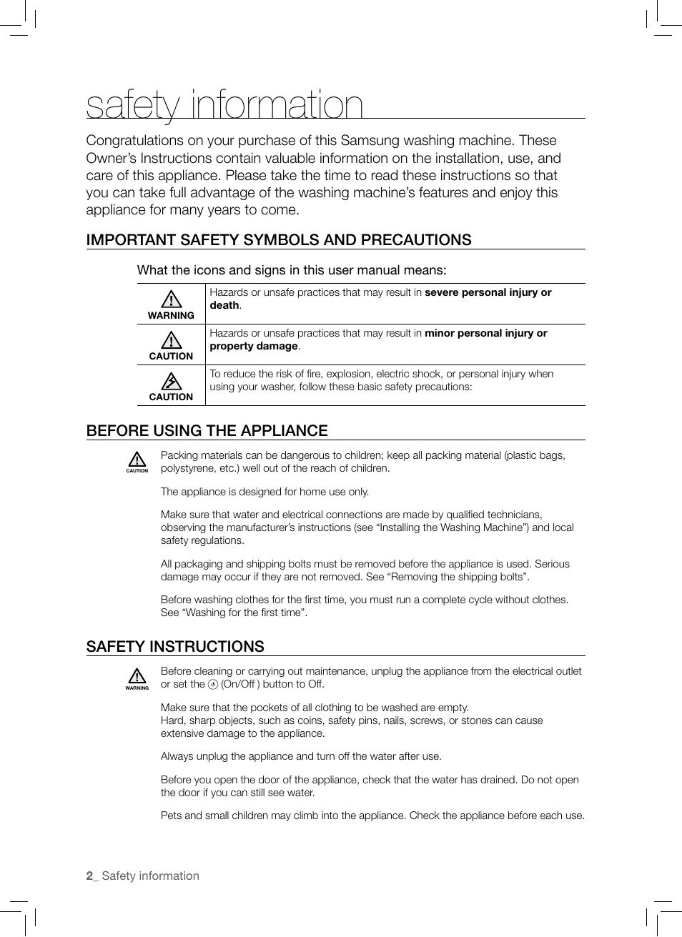 Safety information, Important safety symbols and precautions, Before using the appliance | Safety instructions | Samsung WF-B1061 User Manual | Page 2 / 20