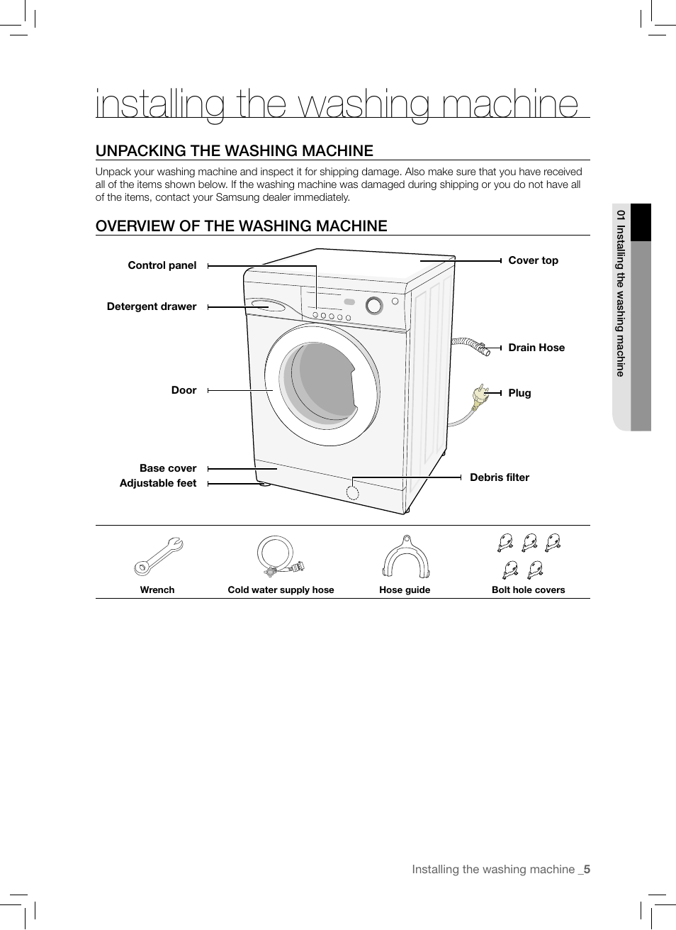 Installing the washing machine, Unpacking the washing machine, Overview of the washing machine | Installing the washing, Machine | Samsung WF-B1061 User Manual | Page 5 / 20