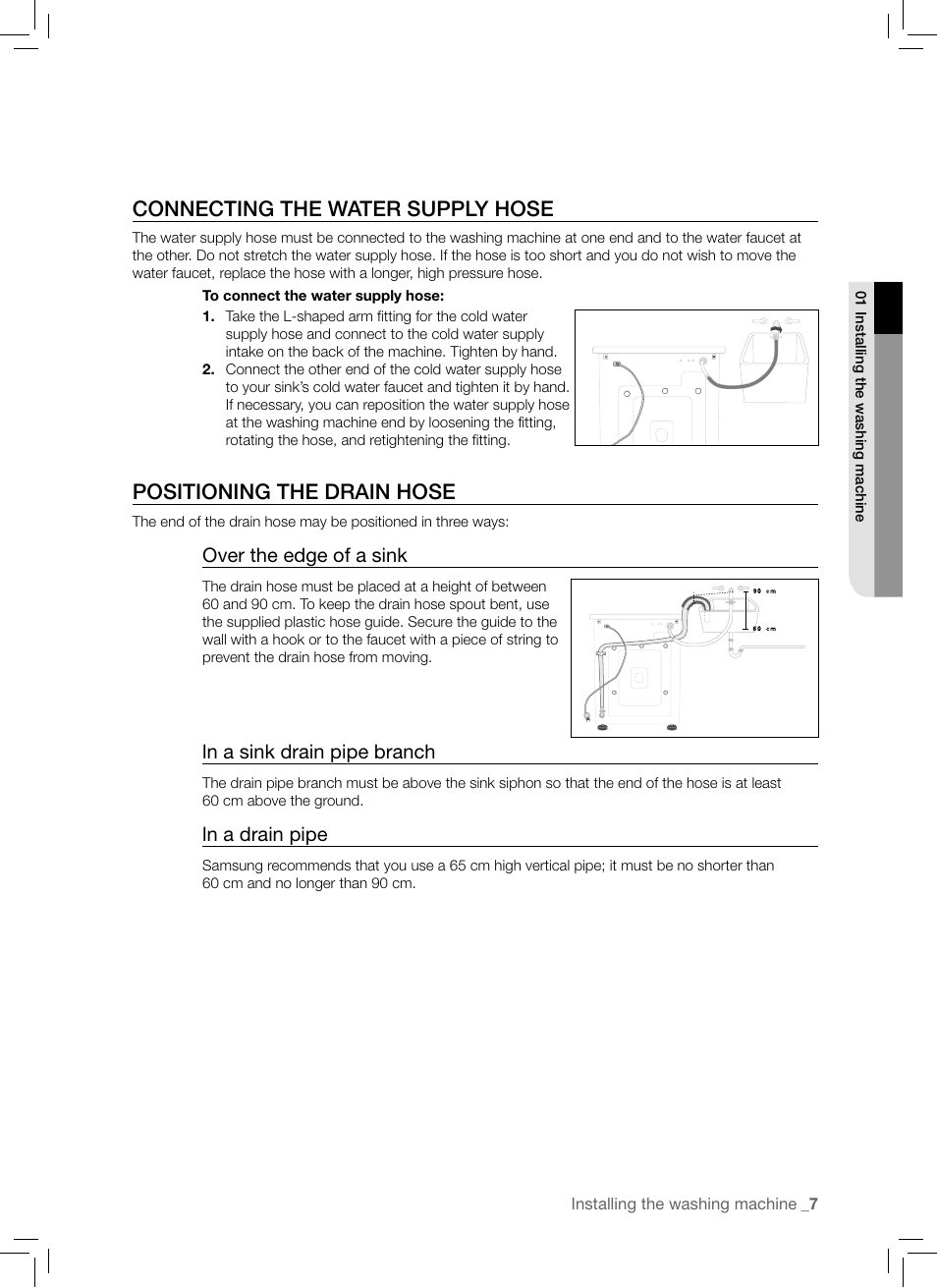 Connecting the water supply hose, Positioning the drain hose | Samsung WF-B1061 User Manual | Page 7 / 20