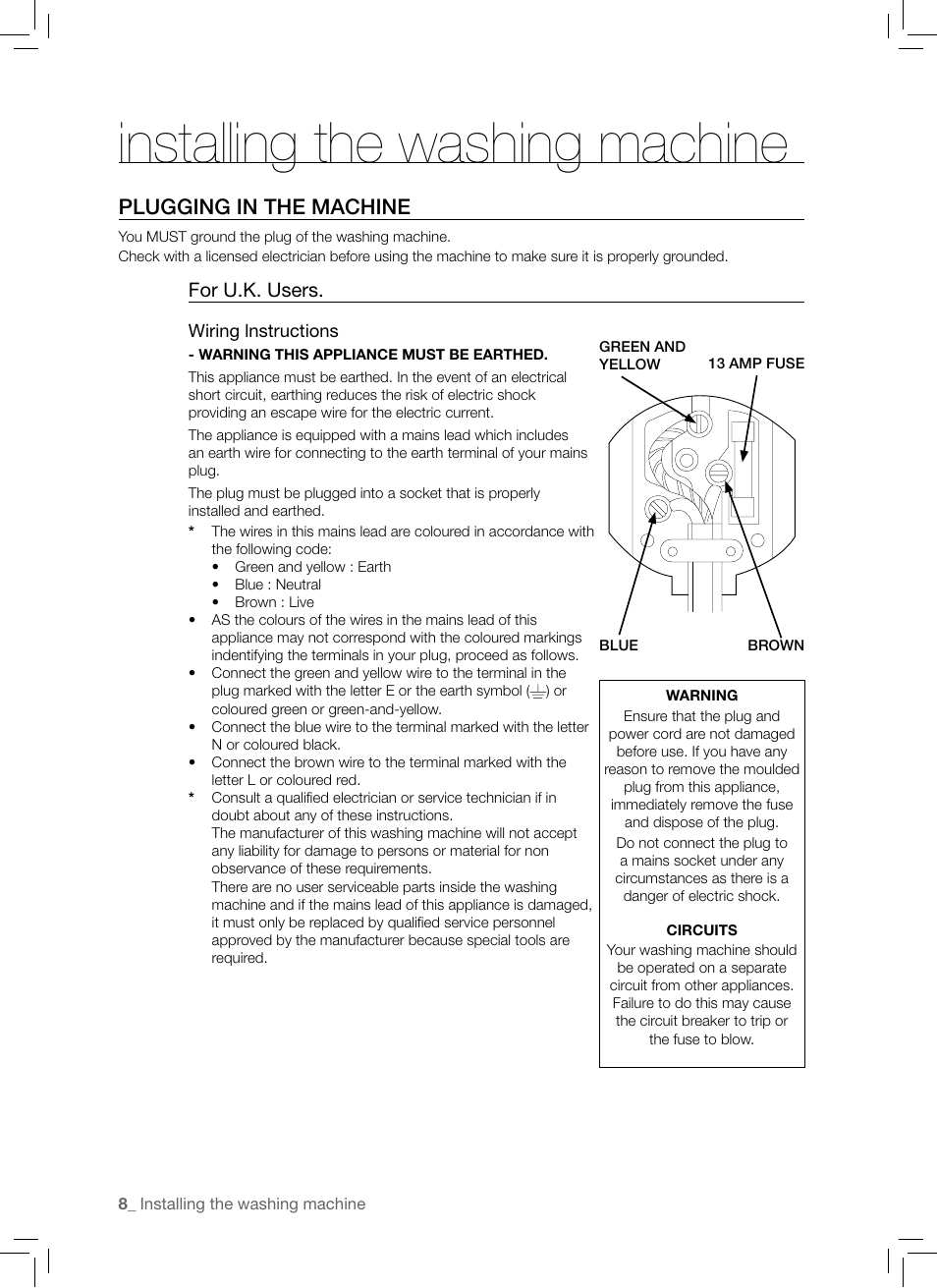 Plugging in the machine, Installing the washing machine, For u.k. users | Samsung WF-B1061 User Manual | Page 8 / 20