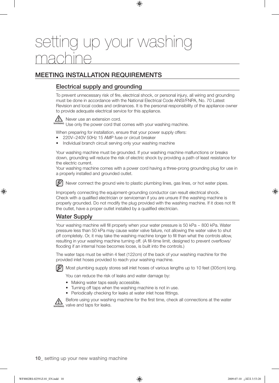Setting up your washing machine | Samsung WF8802JSG User Manual | Page 10 / 36