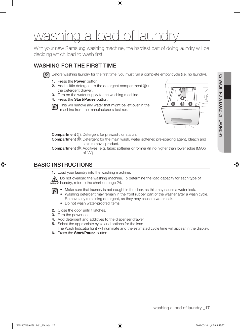 Washing a load of laundry, Washing for the first time, Basic instructions | Samsung WF8802JSG User Manual | Page 17 / 36