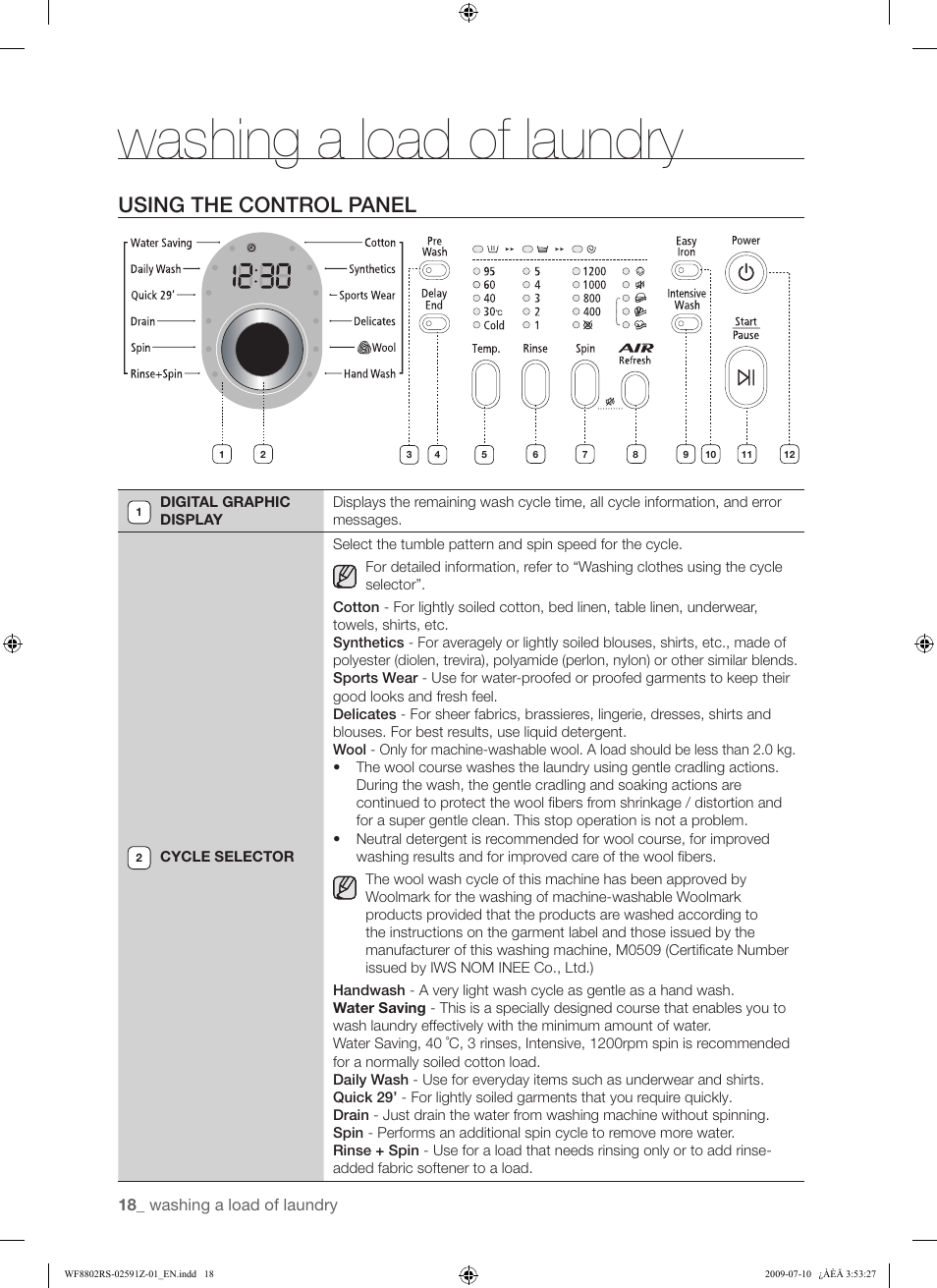 Washing a load of laundry, Using the control panel | Samsung WF8802JSG User Manual | Page 18 / 36