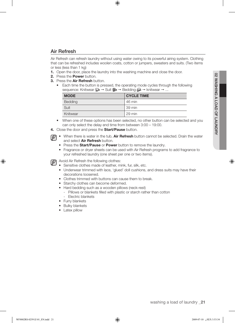 Air refresh | Samsung WF8802JSG User Manual | Page 21 / 36