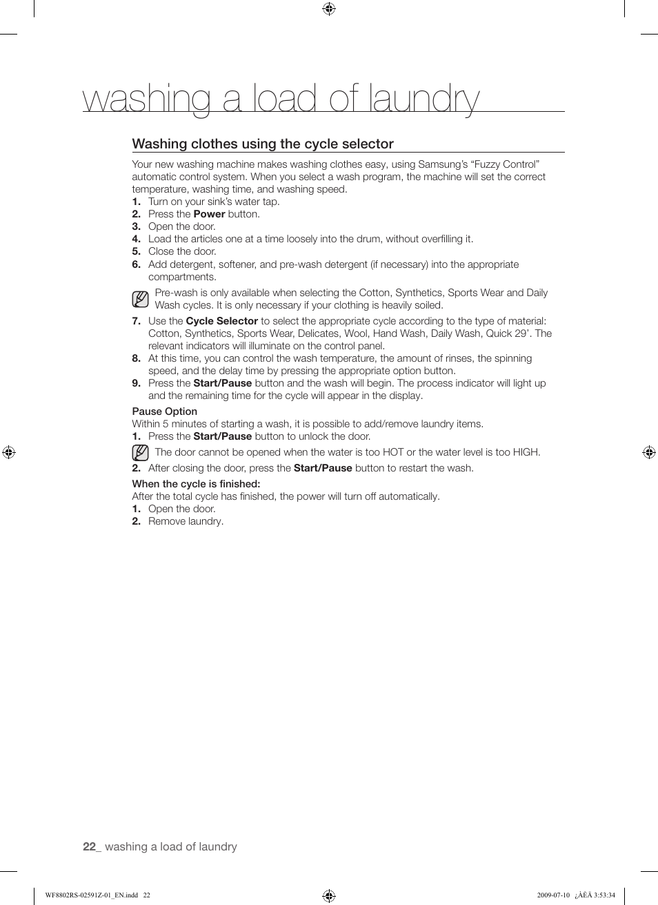 Washing a load of laundry, Washing clothes using the cycle selector | Samsung WF8802JSG User Manual | Page 22 / 36