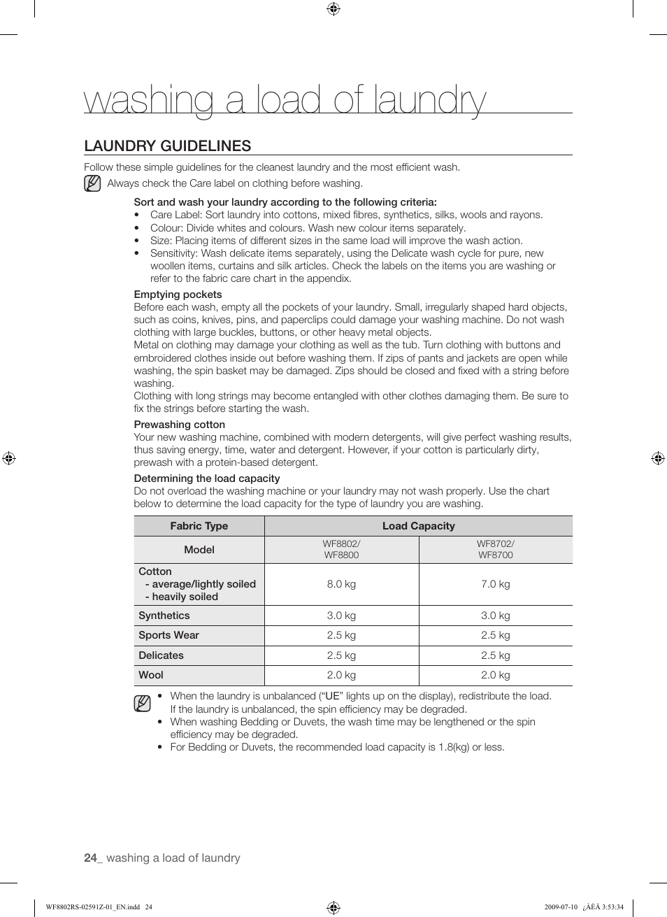 Washing a load of laundry, Laundry guidelines | Samsung WF8802JSG User Manual | Page 24 / 36