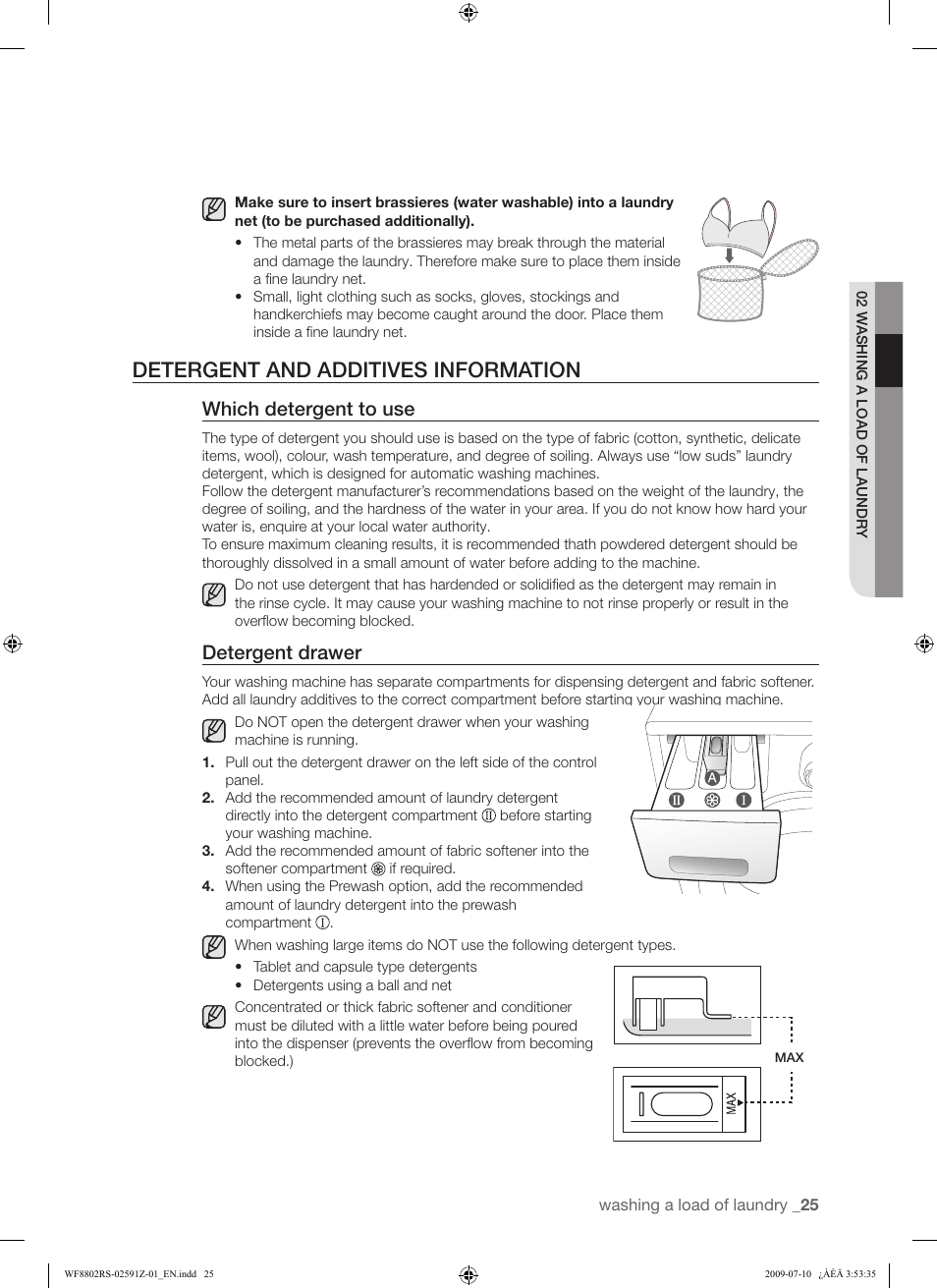 Detergent and additives information, Which detergent to use, Detergent drawer | Samsung WF8802JSG User Manual | Page 25 / 36